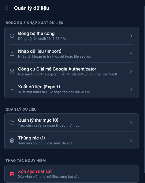 Giao diện Quản lý dữ liệu và Chuyển đổi 2FA