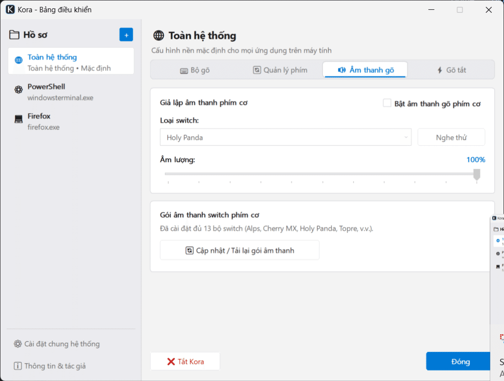 Tab Giả lập âm thanh gõ phím cơ