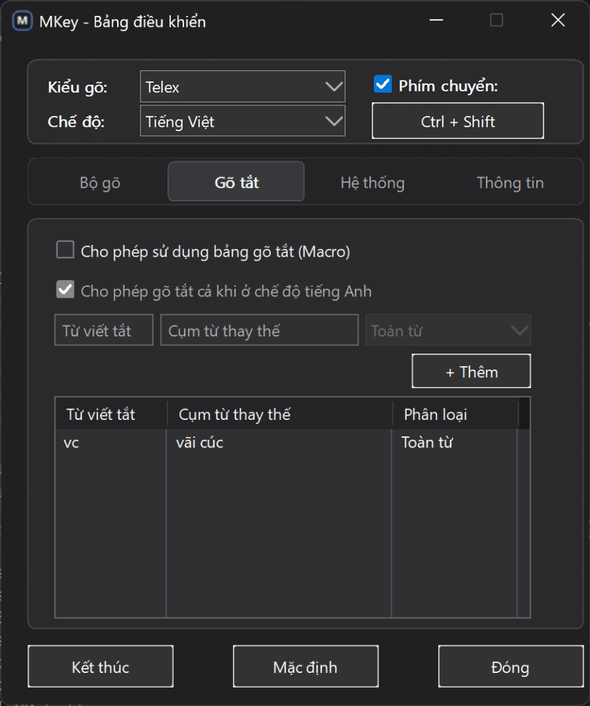 Tab Gõ tắt MKey thời kỳ đầu