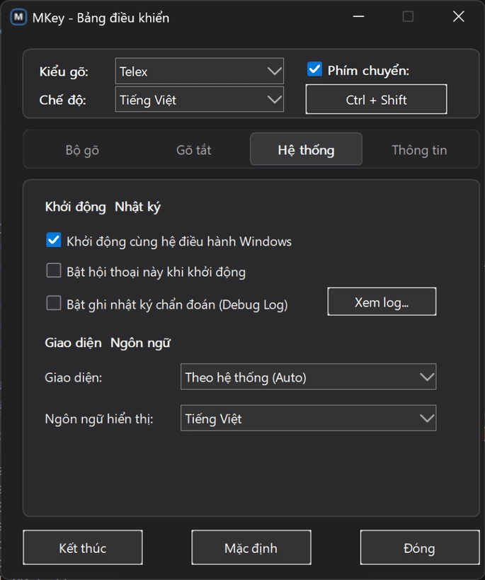 Tab Hệ thống MKey thời kỳ đầu